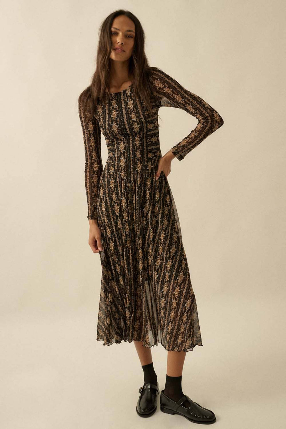 Floral Mesh Drop-Waist Midi Dress