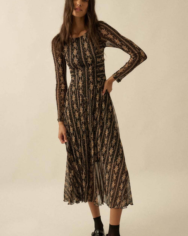 Floral Mesh Drop-Waist Midi Dress