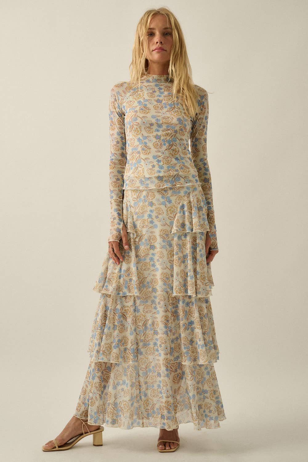 Floral Mesh Side-Ruffle Tiered Maxi Skirt