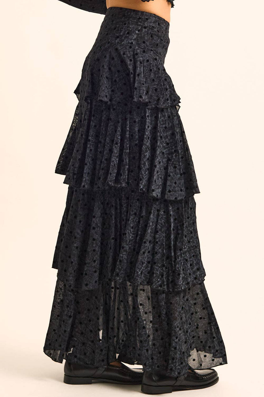 Flocked Polka Dot Mesh Tiered Ruffle Cascade Maxi Skirt