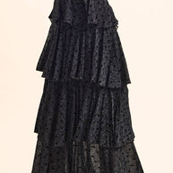 Flocked Polka Dot Mesh Tiered Ruffle Cascade Maxi Skirt