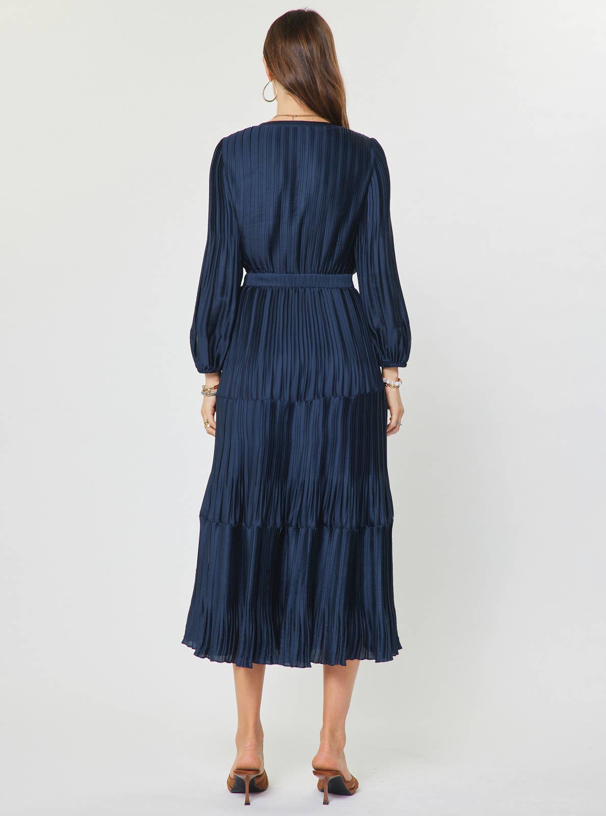 Pleated Long Sleeve Maxi Dress Navy M