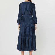 Pleated Long Sleeve Maxi Dress Navy M