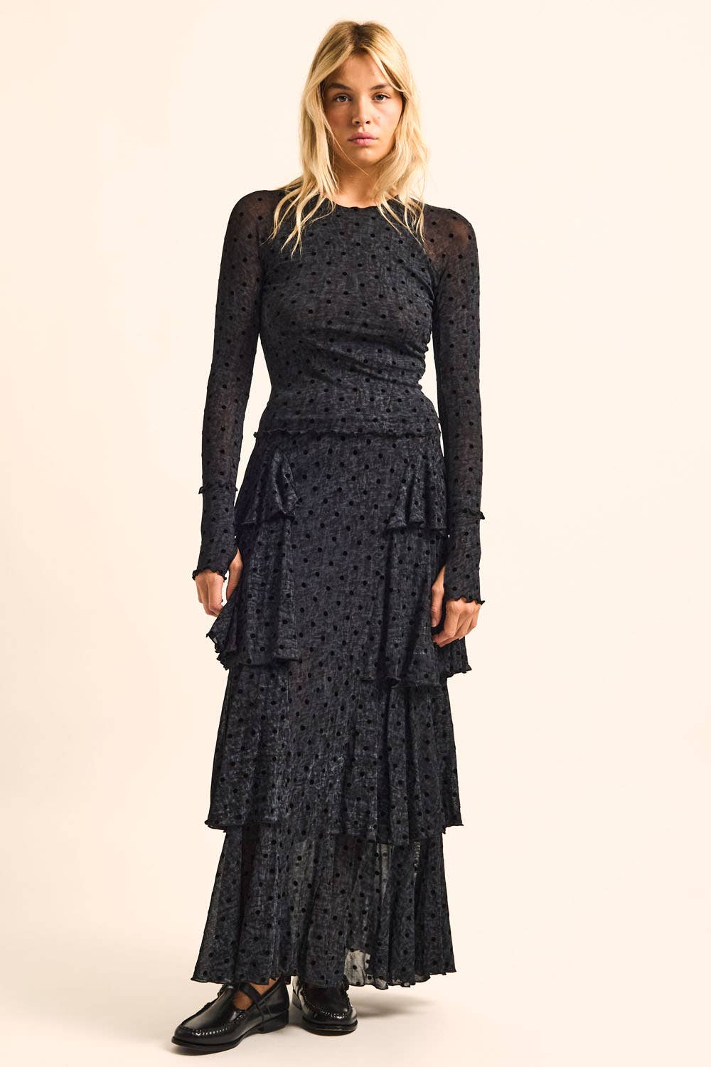 Flocked Polka Dot Mesh Tiered Ruffle Cascade Maxi Skirt Grey