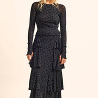 Flocked Polka Dot Mesh Tiered Ruffle Cascade Maxi Skirt Grey