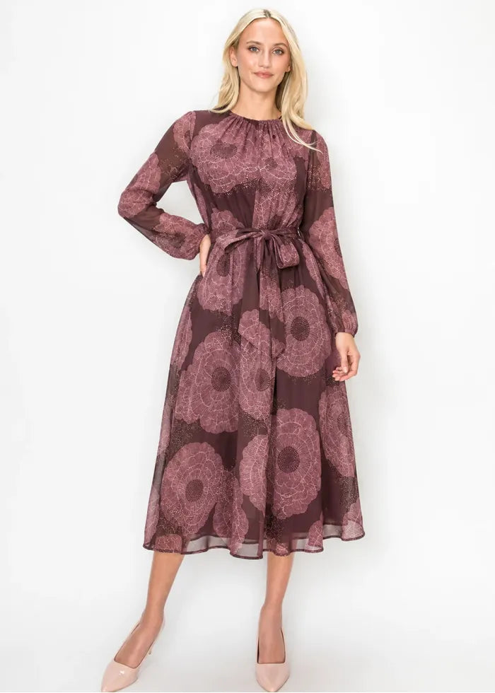 Floral belted mauve dress