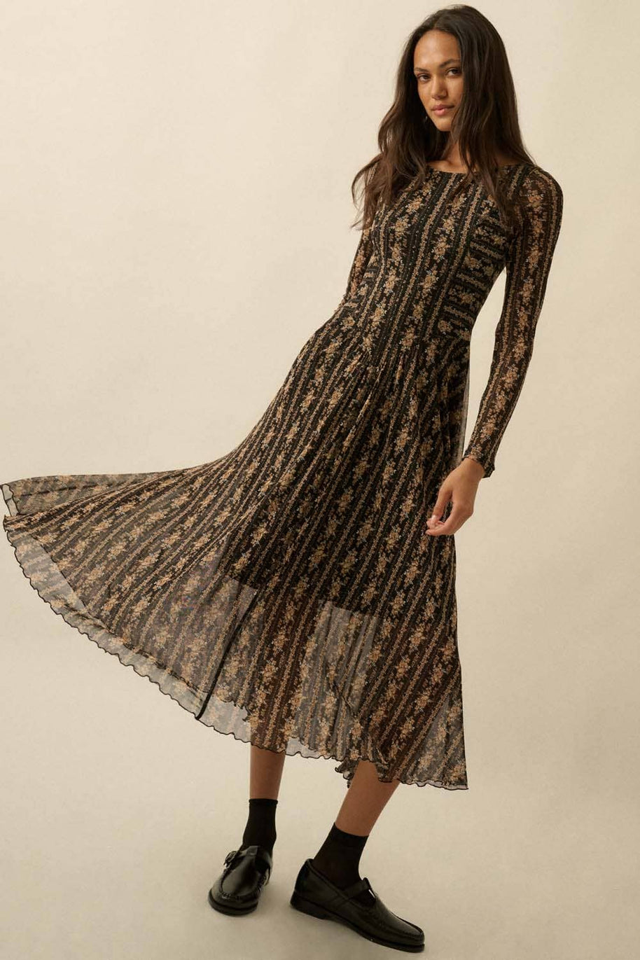 Floral Mesh Drop-Waist Midi Dress