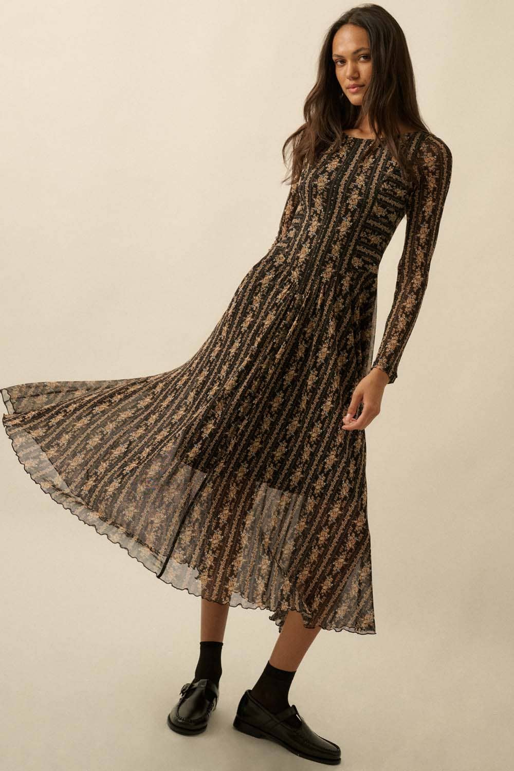 Floral Mesh Drop-Waist Midi Dress