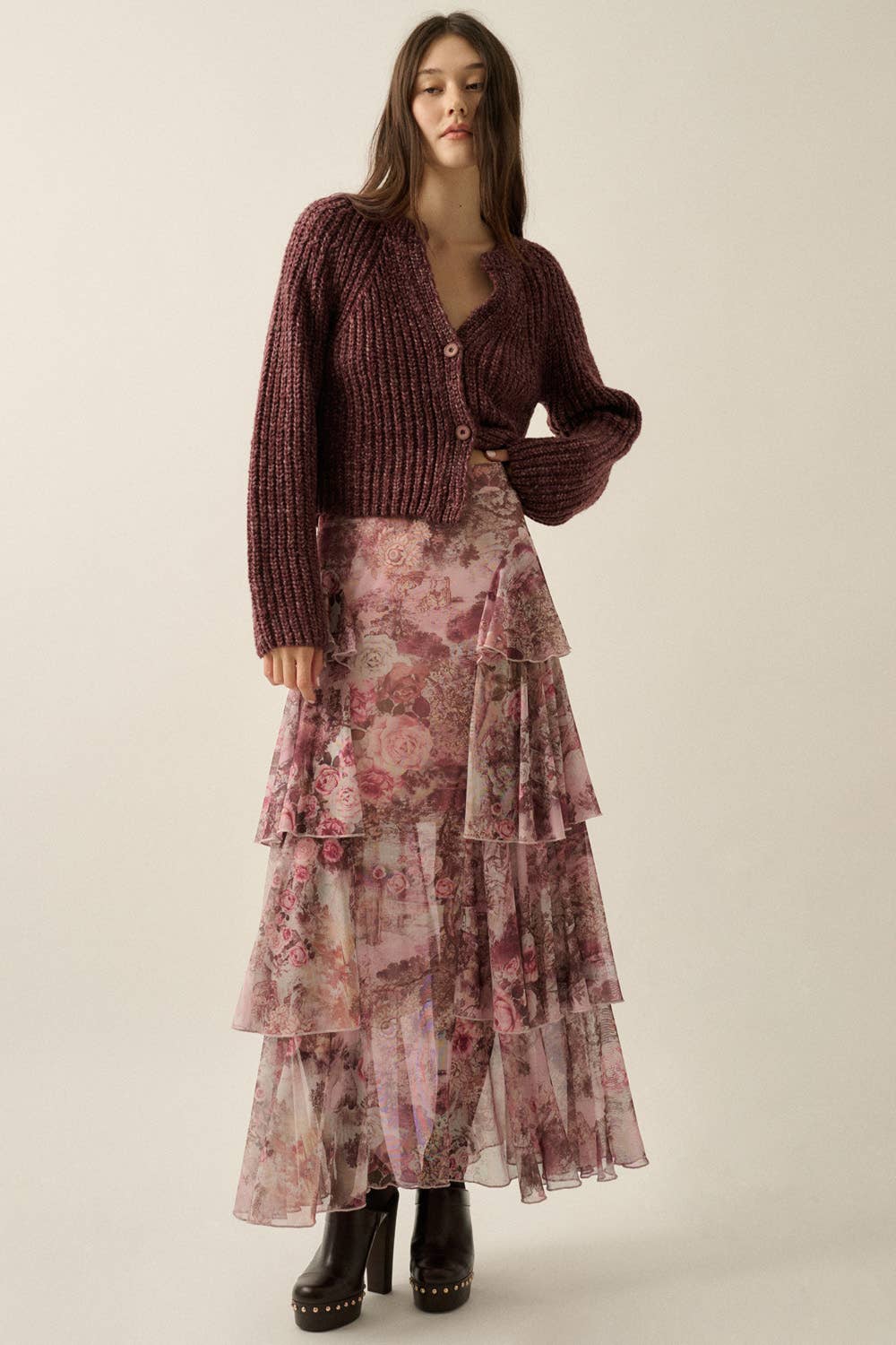 Floral-Print Mesh High-Waist Tiered Side-Ruffle Maxi Skirt Chocolate-Pink