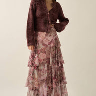 Floral-Print Mesh High-Waist Tiered Side-Ruffle Maxi Skirt Chocolate-Pink