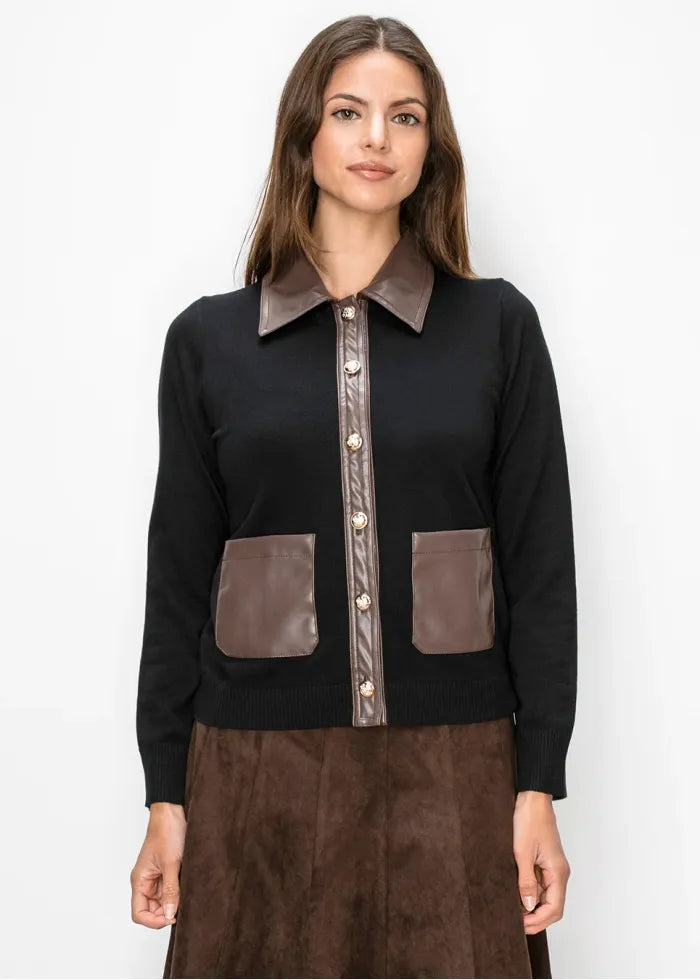 Brown leather detail cardigan