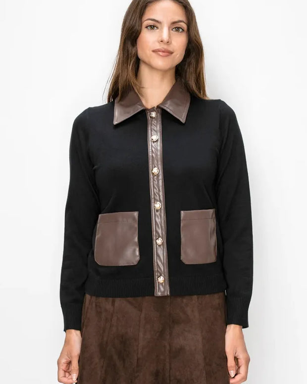 Brown leather detail cardigan