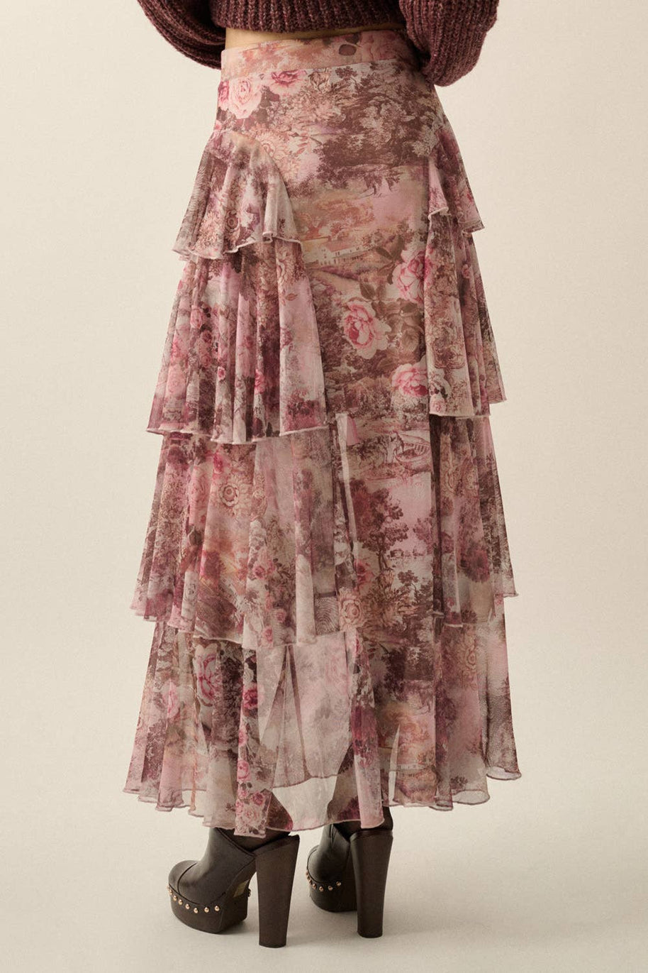 Floral-Print Mesh High-Waist Tiered Side-Ruffle Maxi Skirt