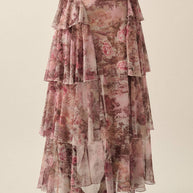 Floral-Print Mesh High-Waist Tiered Side-Ruffle Maxi Skirt