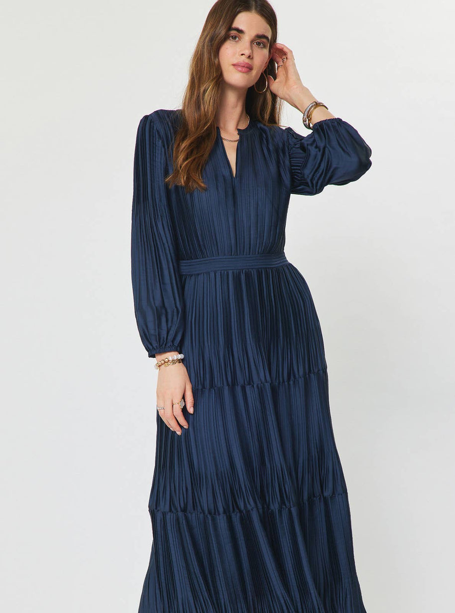 Pleated Long Sleeve Maxi Dress Navy L