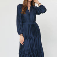 Pleated Long Sleeve Maxi Dress Navy L
