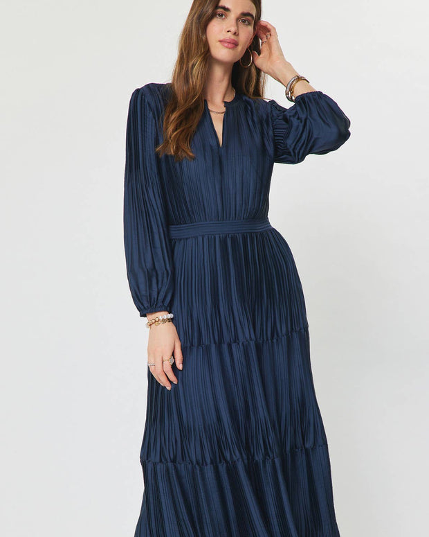Pleated Long Sleeve Maxi Dress Navy L