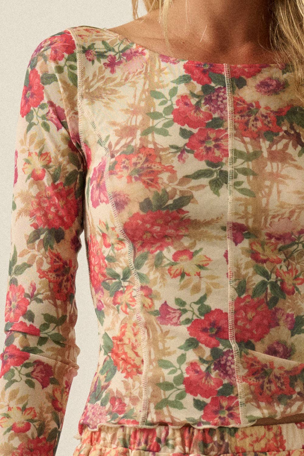 Floral-Print Mesh Princess-Seam Long-Sleeve Top