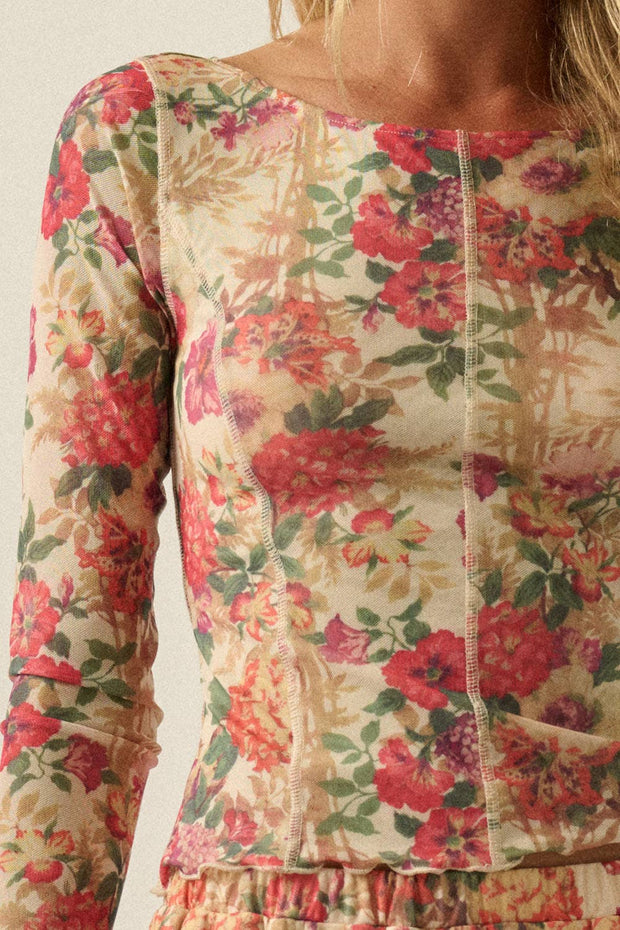 Floral-Print Mesh Princess-Seam Long-Sleeve Top