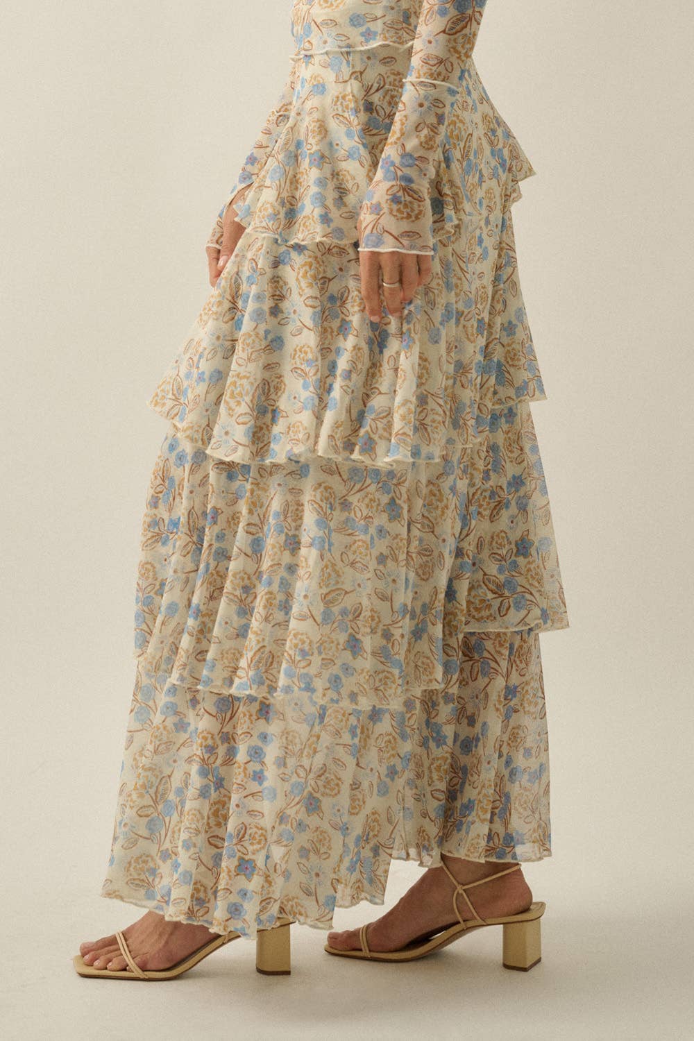 Floral Mesh Side-Ruffle Tiered Maxi Skirt