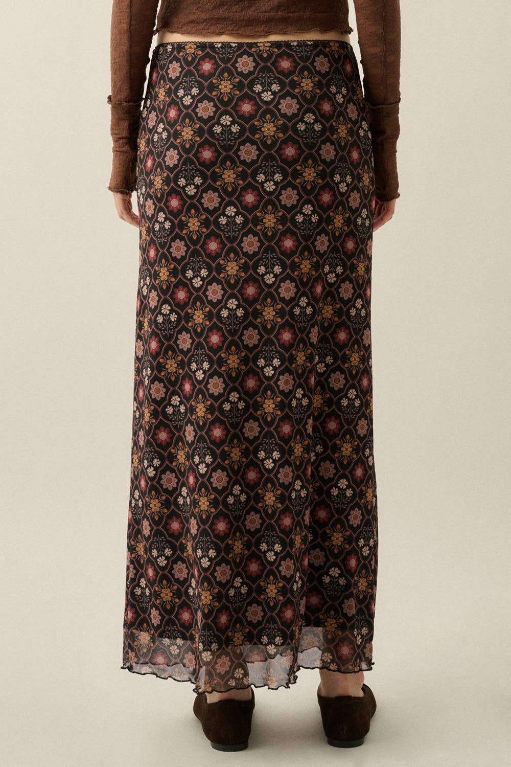 Floral-Print Mesh Elastic-Waist Straight Maxi Skirt