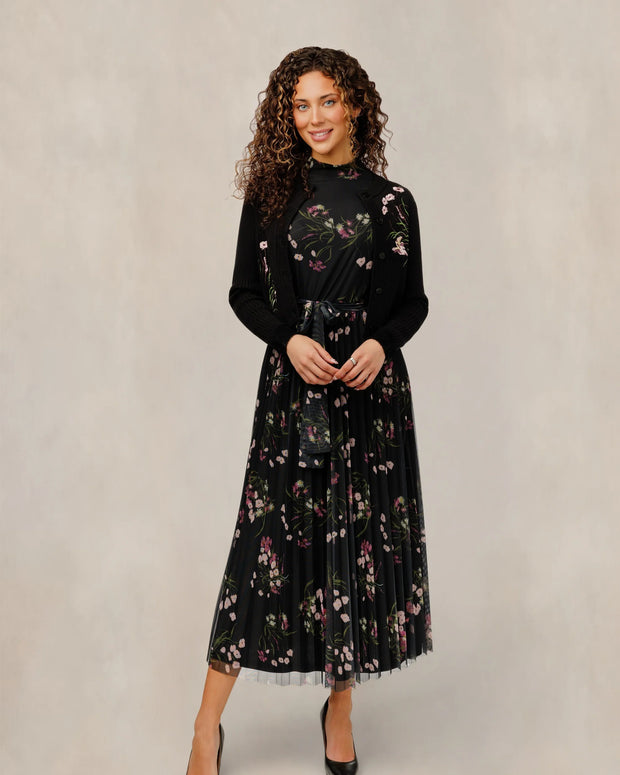 Floral Mock Neck Mesh Dress W/ Embroidered Cardigan