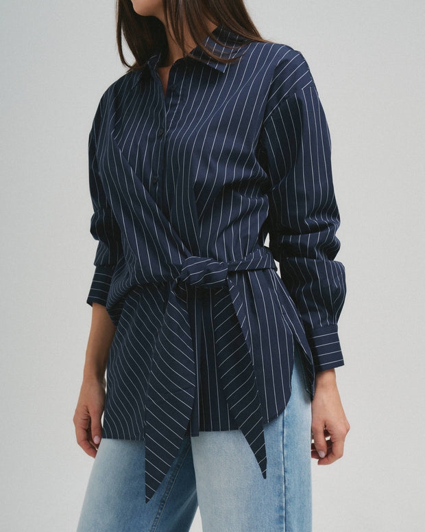 Asymmetrical tie waist shirt