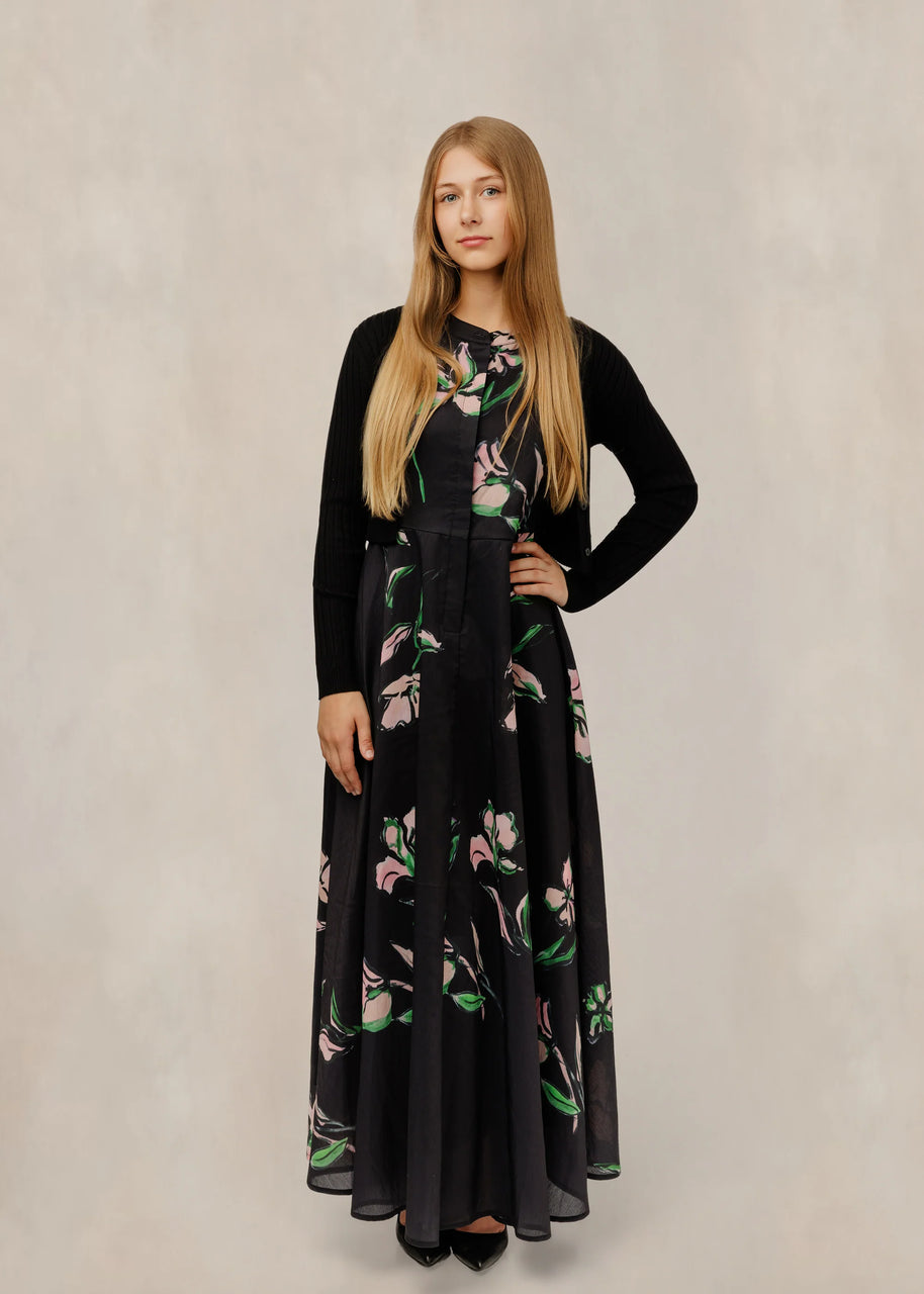 Black floral dress with knit overlay