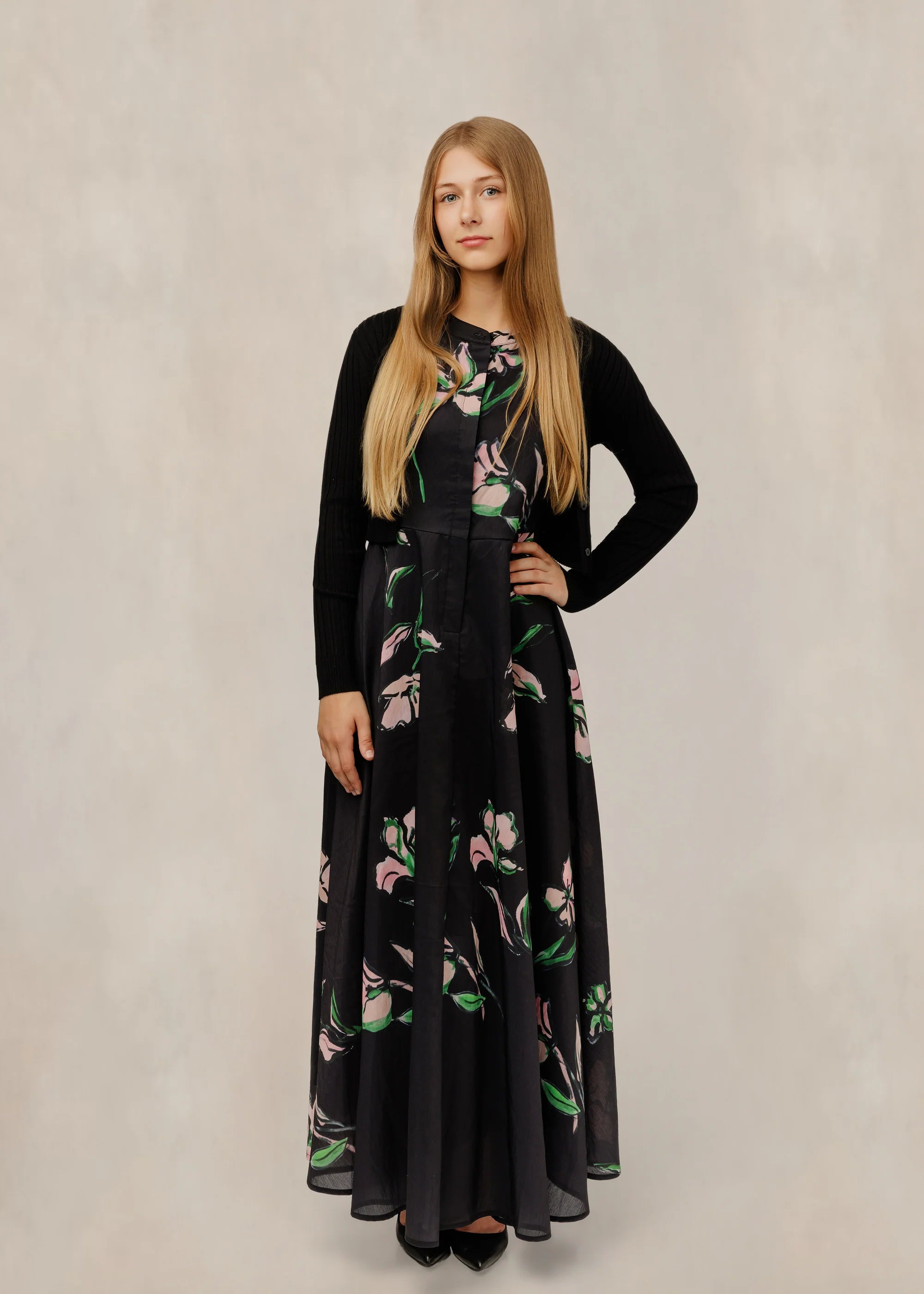 Black floral dress with knit overlay