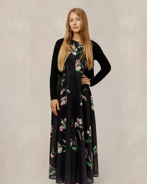Black floral dress with knit overlay