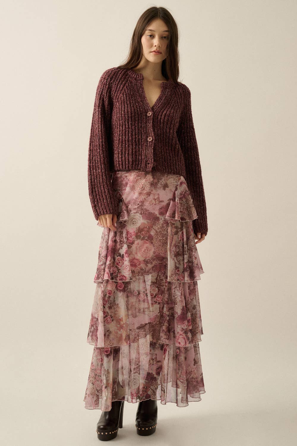 Floral-Print Mesh High-Waist Tiered Side-Ruffle Maxi Skirt
