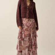 Floral-Print Mesh High-Waist Tiered Side-Ruffle Maxi Skirt