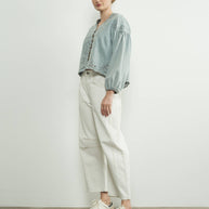 DENIM EMBROIDERY VOLUME SLEEVE BLOUSE TOP