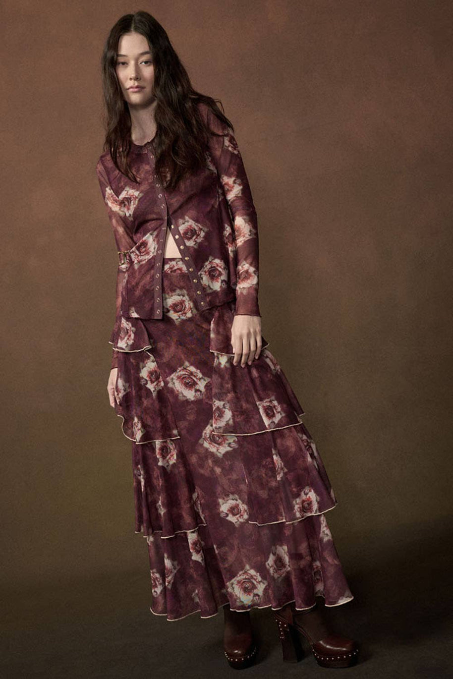 Floral-Print Mesh Side-Ruffle Tiered Maxi Skirt Mulberry