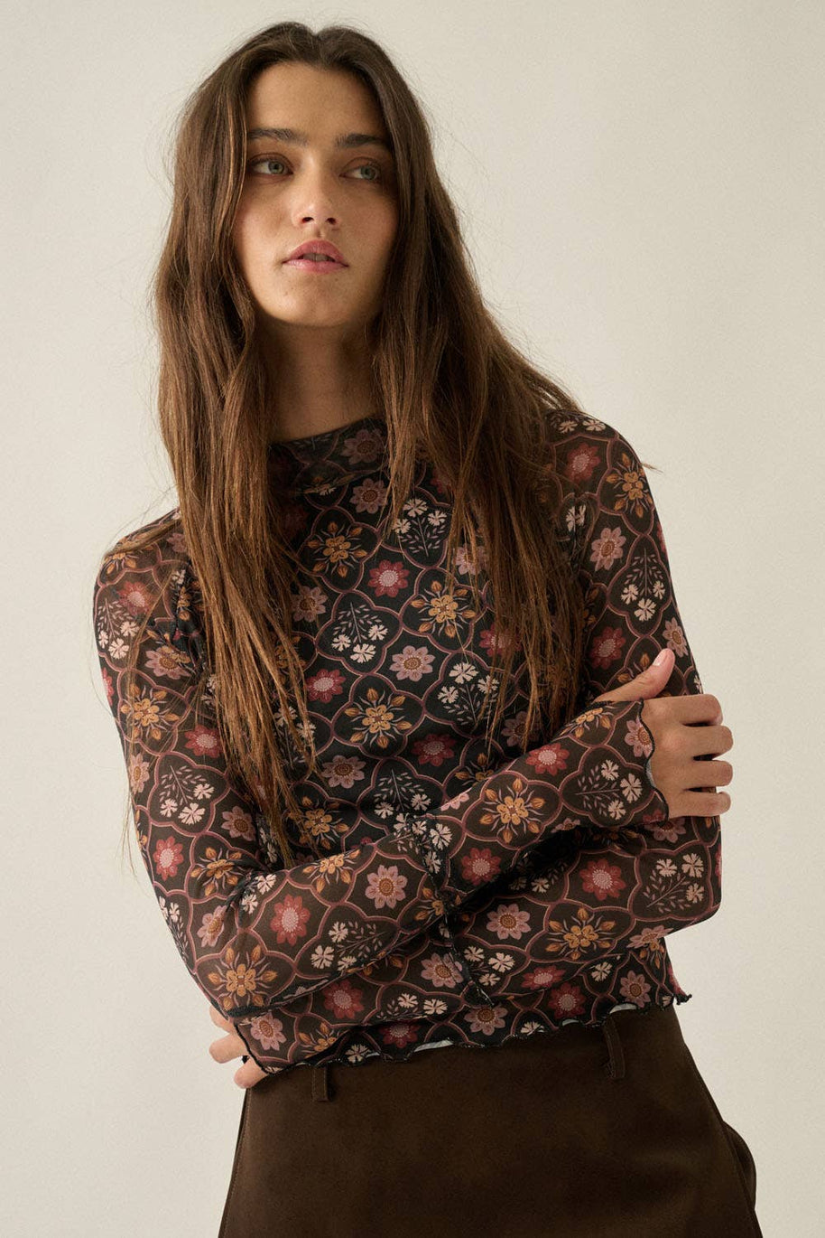 Floral Mesh Mock-Neck Raglan Thumbhole Fitted Top