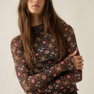 Floral Mesh Mock-Neck Raglan Thumbhole Fitted Top