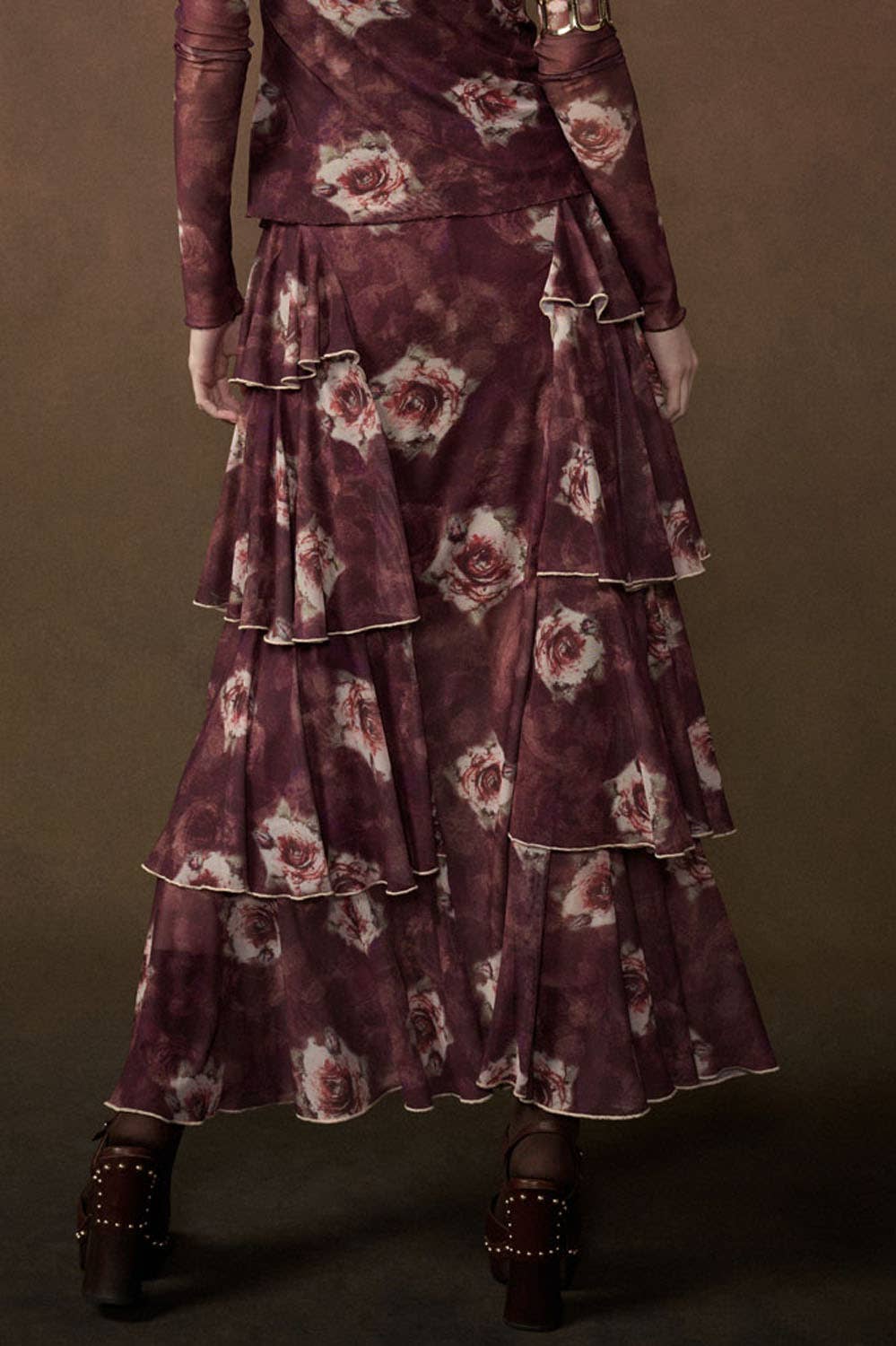 Floral-Print Mesh Side-Ruffle Tiered Maxi Skirt
