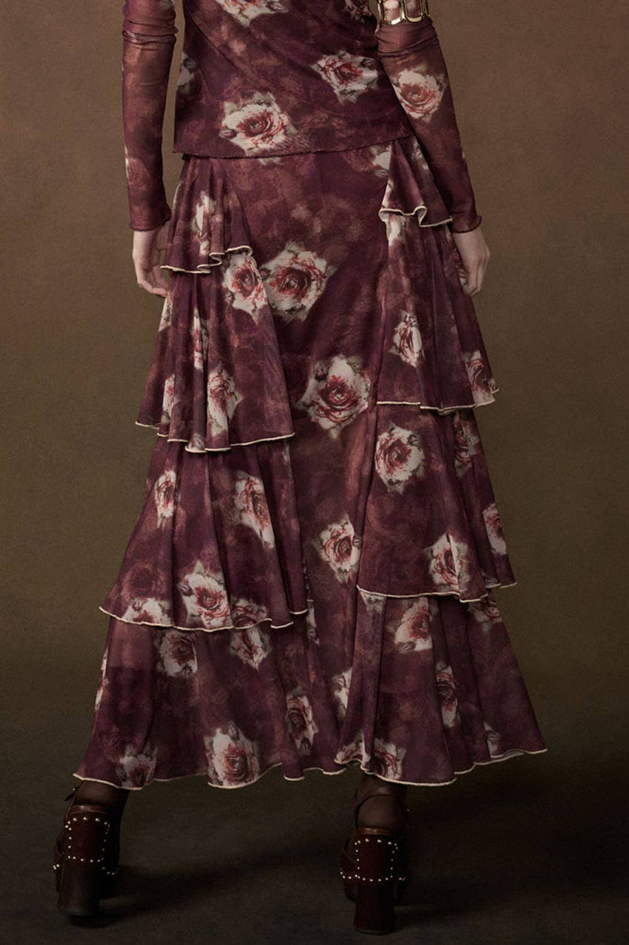Floral-Print Mesh Side-Ruffle Tiered Maxi Skirt