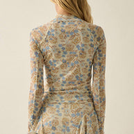 Floral Mesh Mock Neck Thumbhole Top