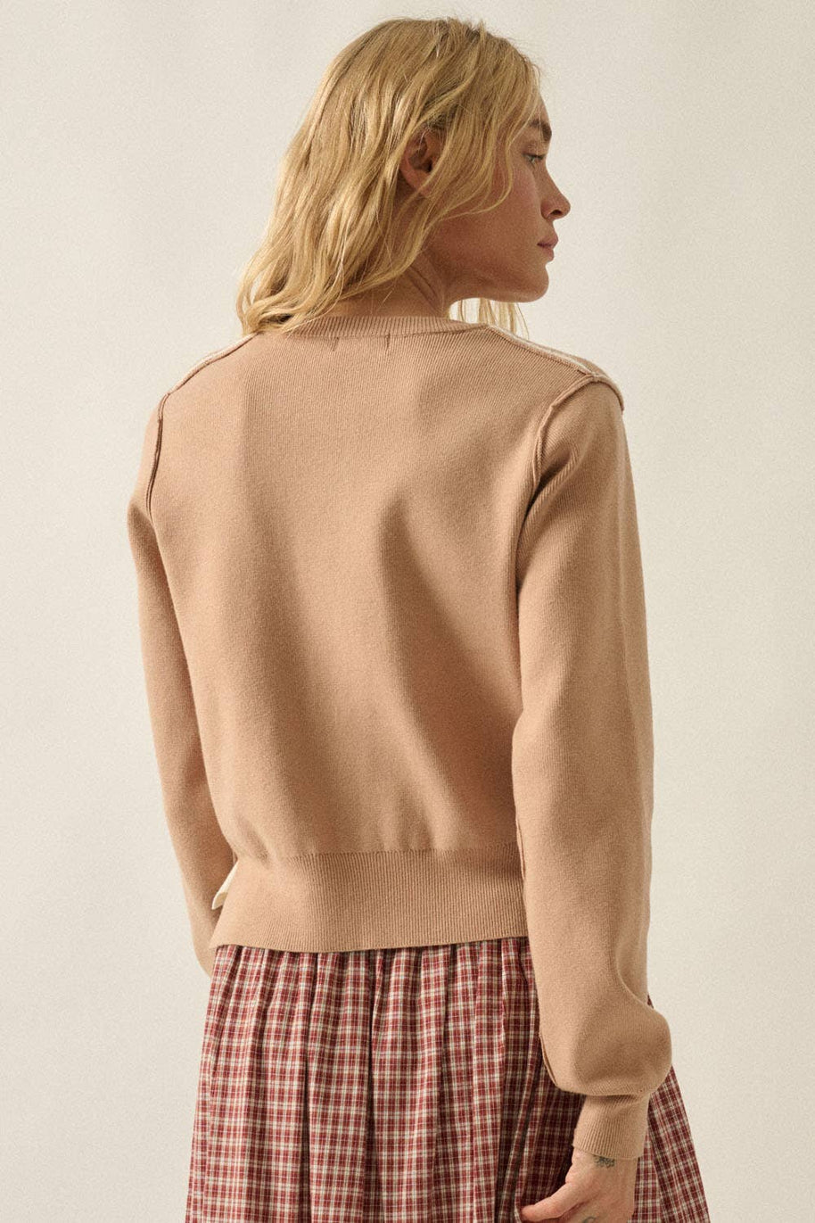 Solid Knit Two-Tone Round-Neck Button-Front Layered Cardigan