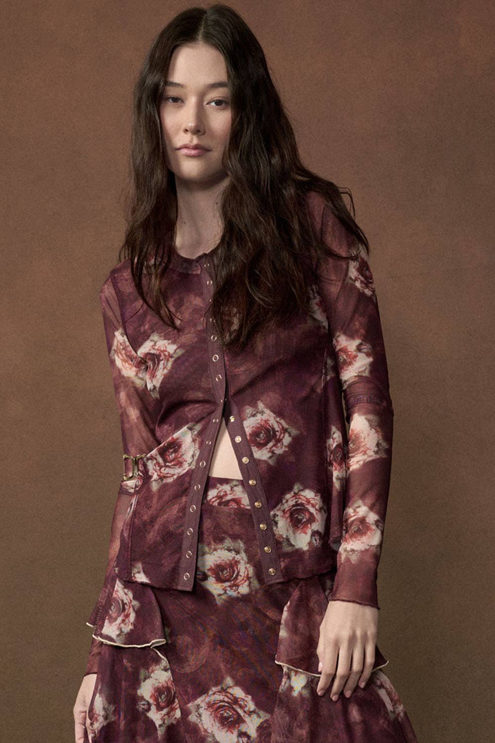 Floral-Print Long-Sleeve Snap-Front Mesh Top