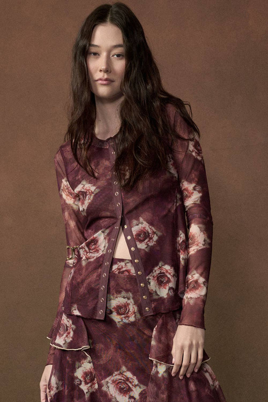Floral-Print Long-Sleeve Snap-Front Mesh Top