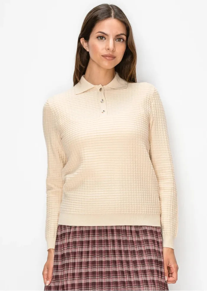 Textured waffle knit polo sweater