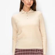 Textured waffle knit polo sweater