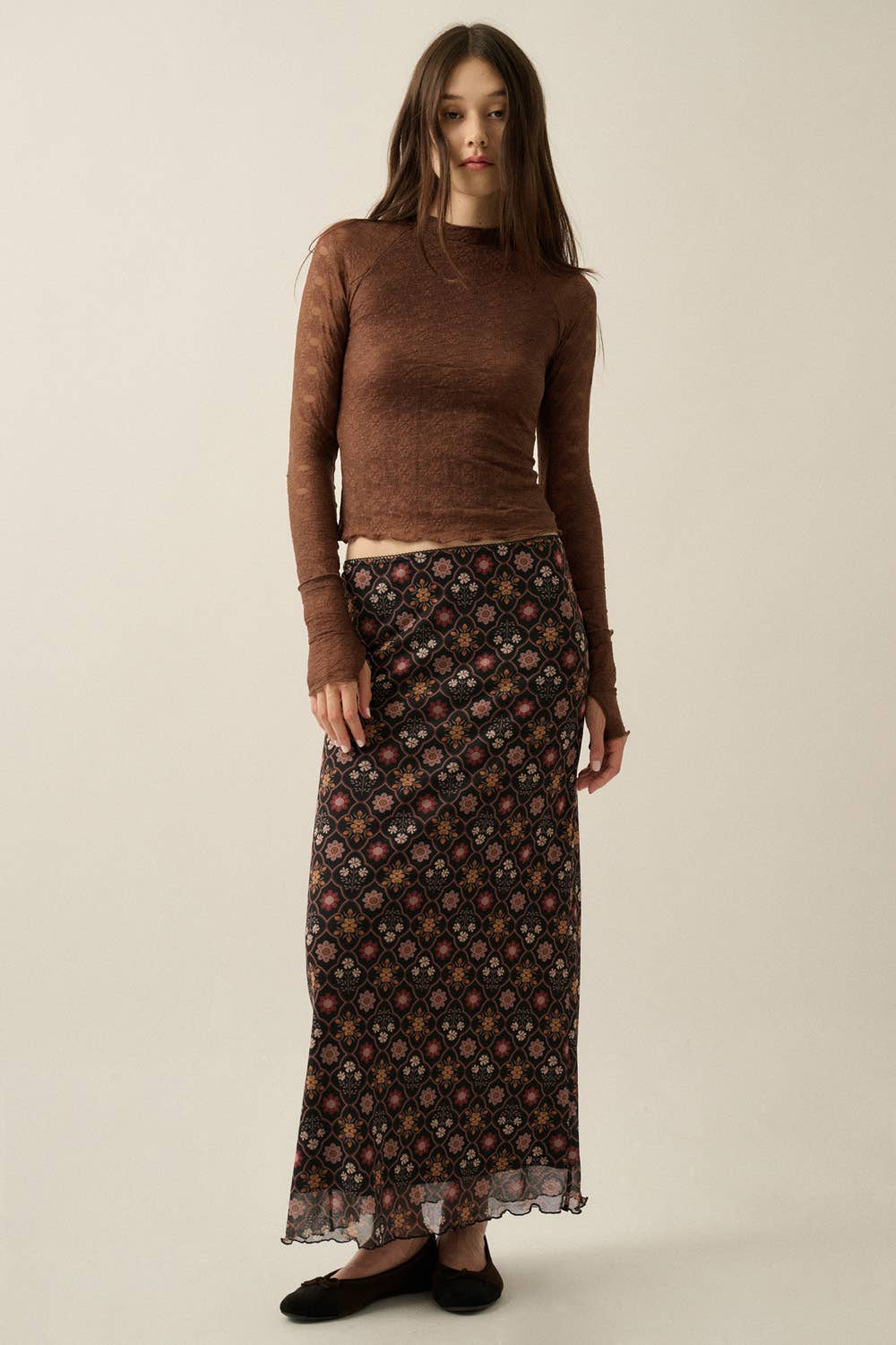 Floral-Print Mesh Elastic-Waist Straight Maxi Skirt