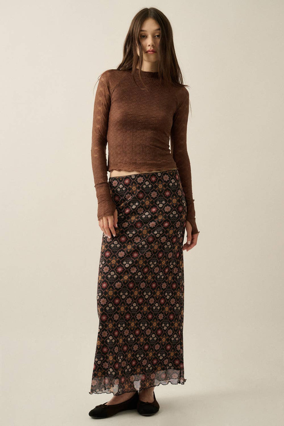 Floral-Print Mesh Elastic-Waist Straight Maxi Skirt