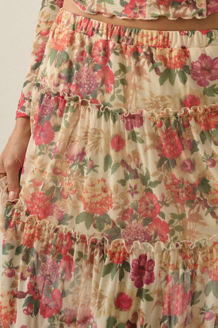 Floral-Print Mesh Tiered Ruffle Circle Maxi Skirt