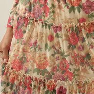 Floral-Print Mesh Tiered Ruffle Circle Maxi Skirt