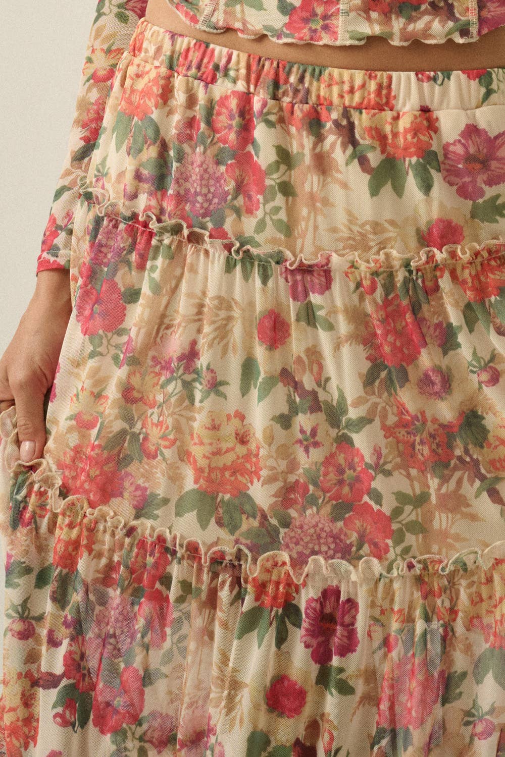 Floral-Print Mesh Tiered Ruffle Circle Maxi Skirt