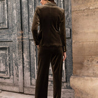 Double-breasted velvet blazer with gold buttons